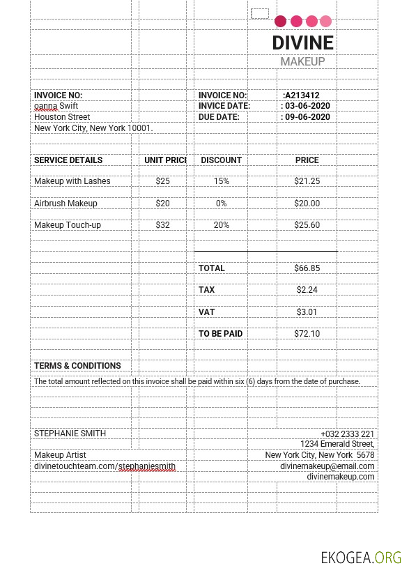 Modèle de facture de maquilleur